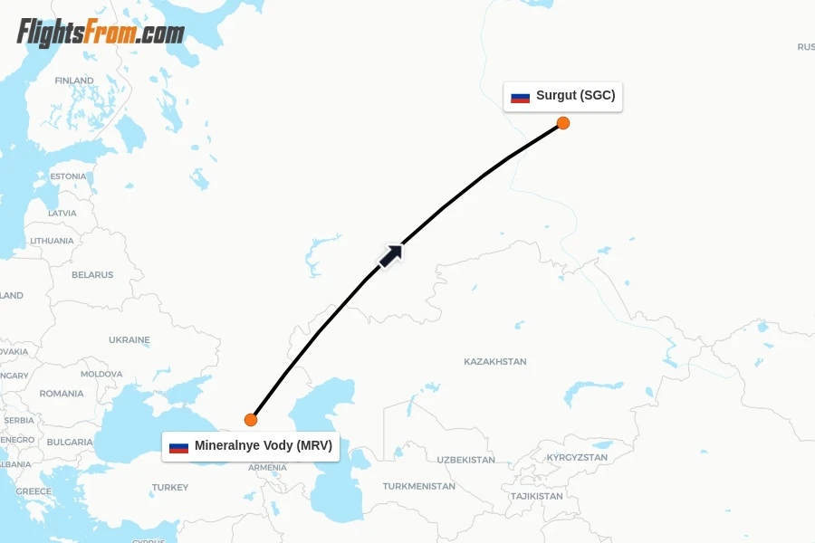 Flights from Mineralnye Vody to Surgut route map