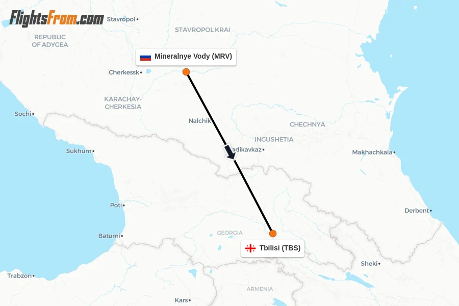 Flights from Mineralnye Vody to Tbilisi route map
