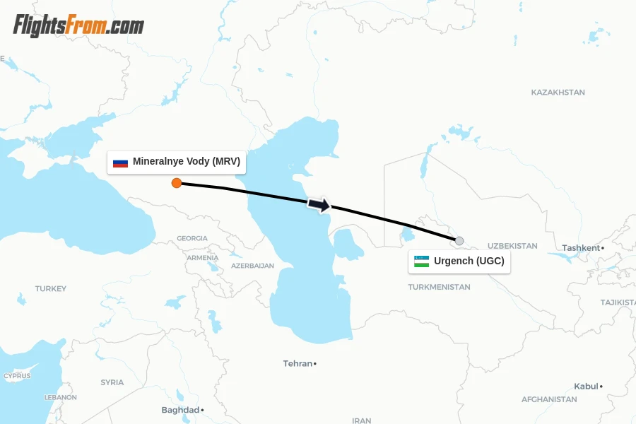 Flights from Mineralnye Vody to Urgench route map