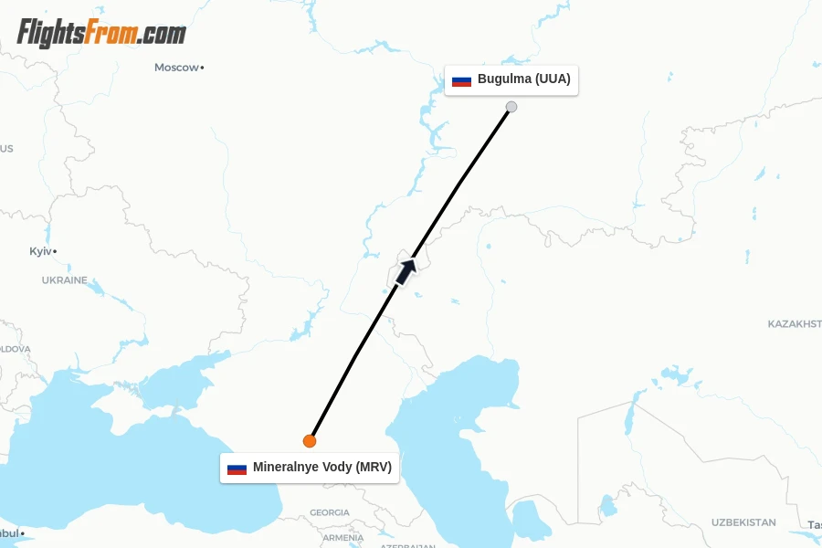 Flights from Mineralnye Vody to Bugulma route map