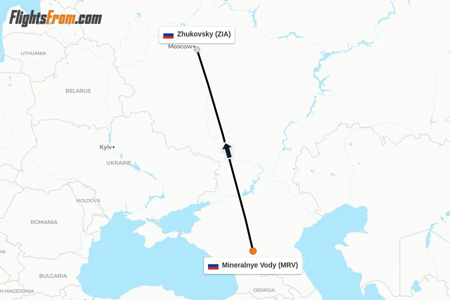 Flights from Mineralnye Vody to Zhukovsky route map