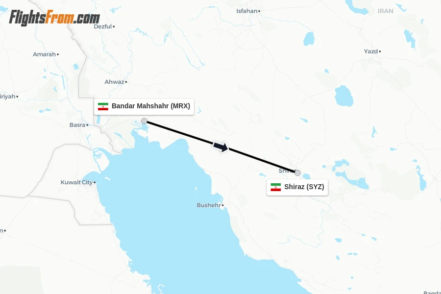Flights from Bandar Mahshahr to Shiraz route map