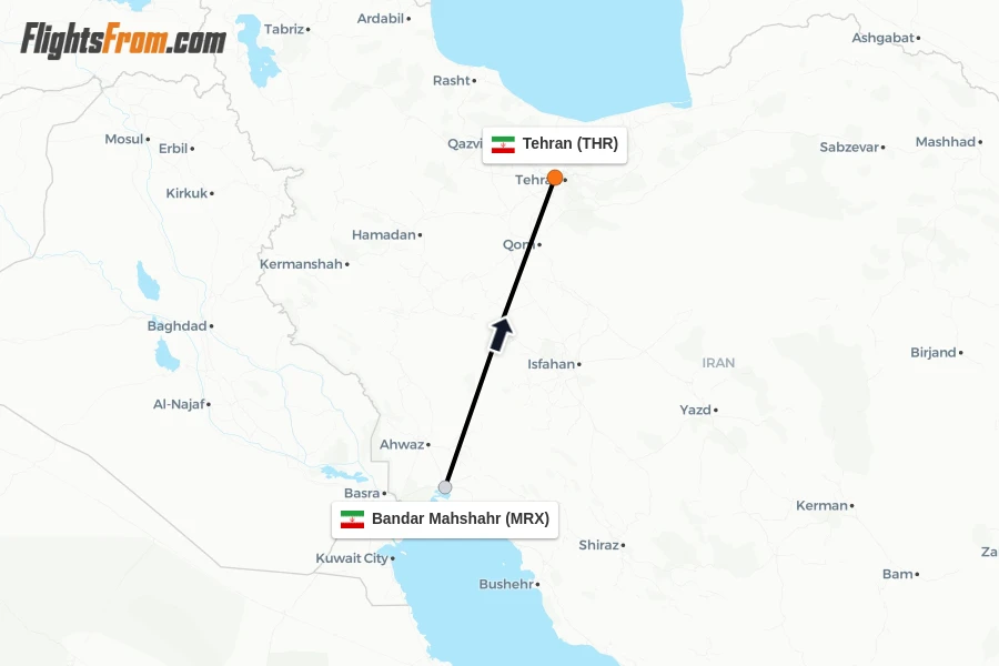 Flights from Bandar Mahshahr to Tehran route map