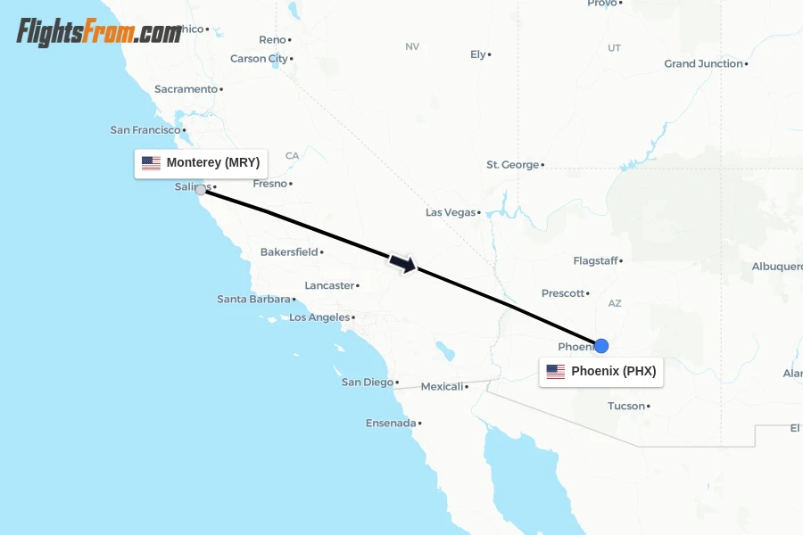 Flights from Monterey to Phoenix route map