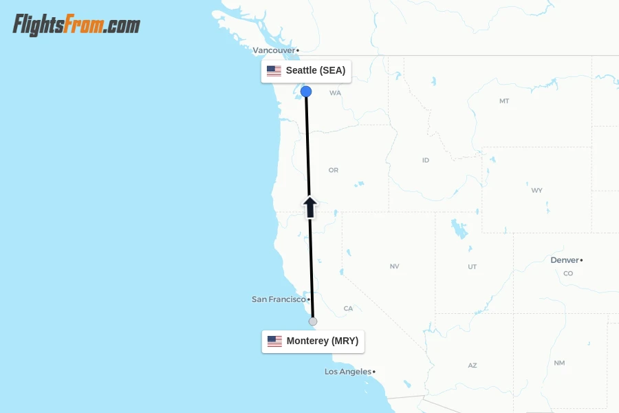 Flights from Monterey to Seattle route map