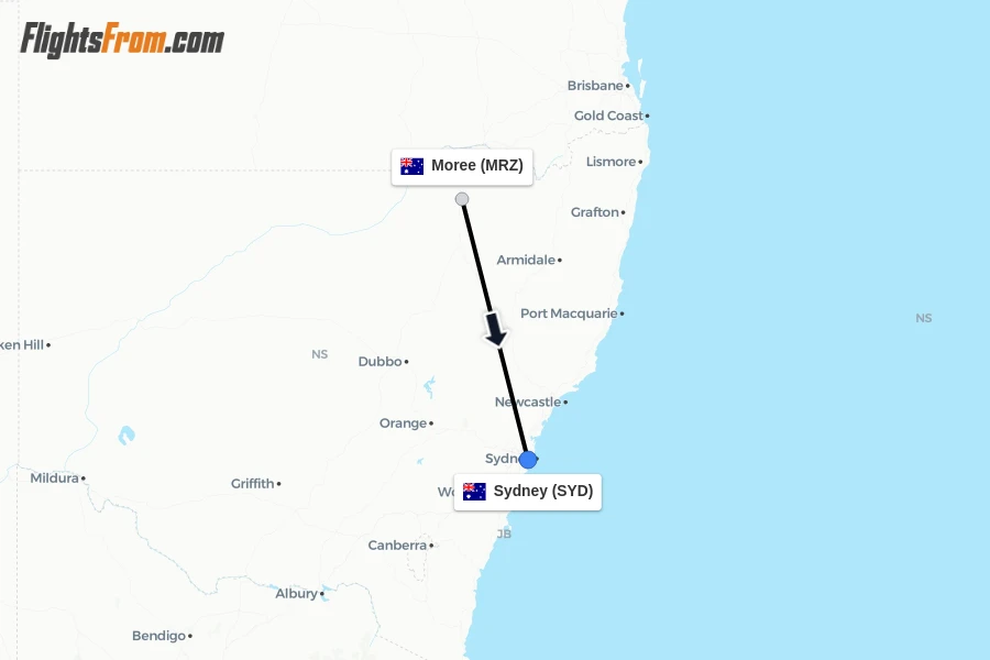 Flights from Moree to Sydney route map