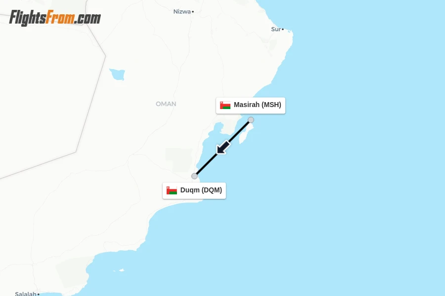 Flights from Masirah to Duqm route map