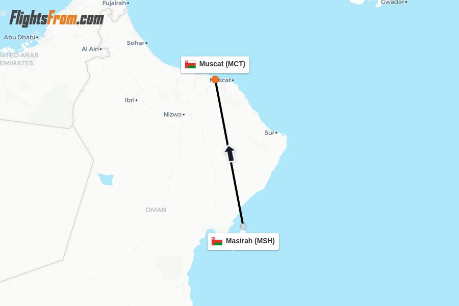 Flights from Masirah to Muscat route map
