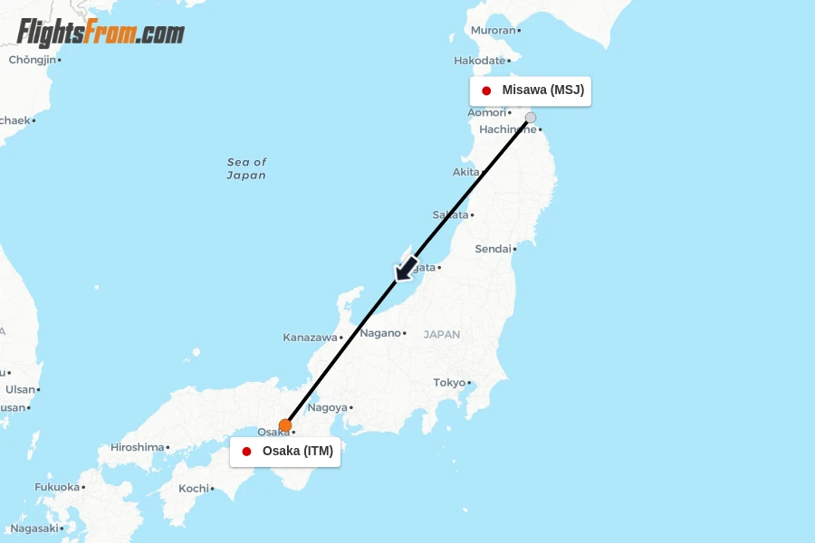 Flights from Misawa to Osaka route map