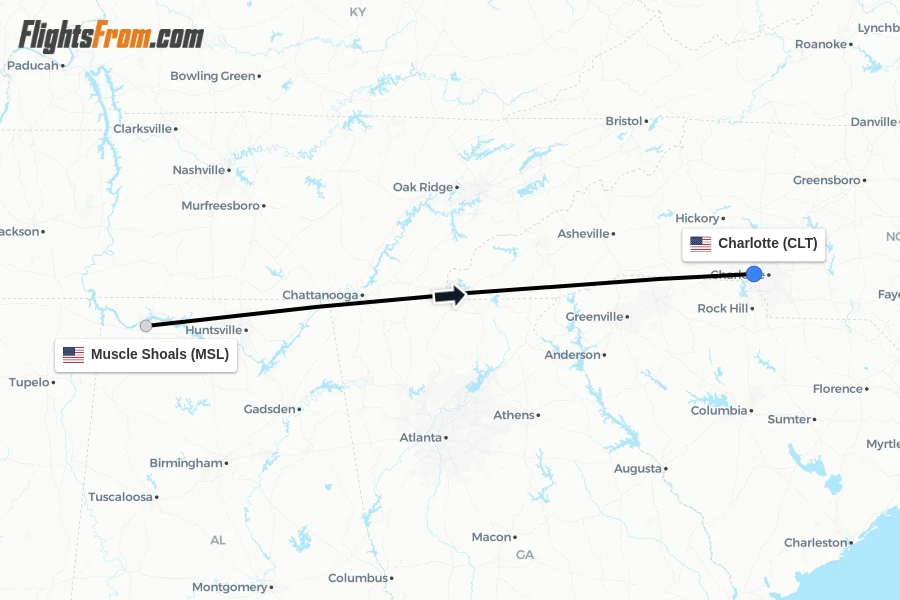 Flights from Muscle Shoals to Charlotte route map