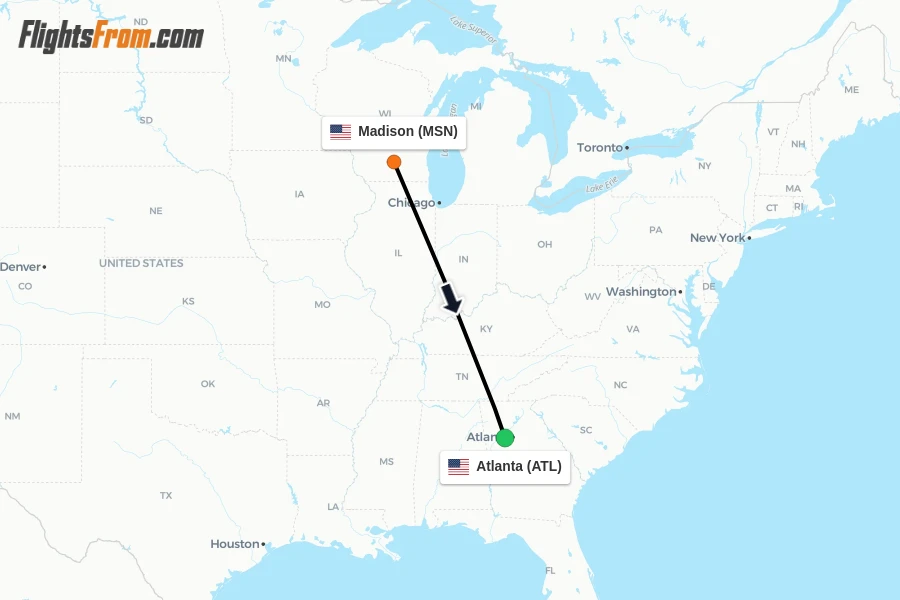 Flights from Madison to Atlanta route map