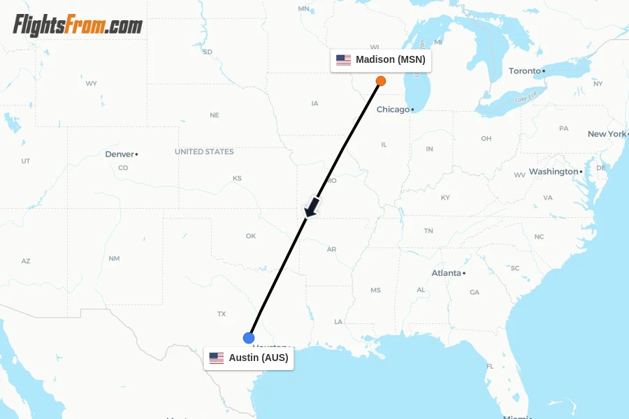 Flights from Madison to Austin route map