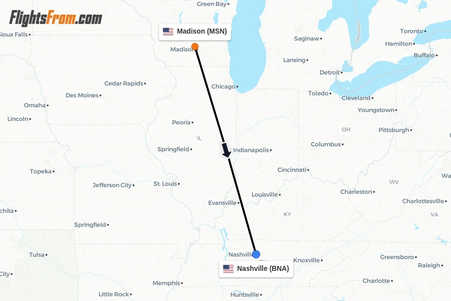 Flights from Madison to Nashville route map