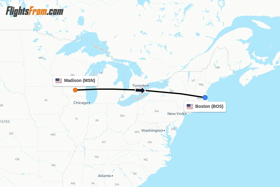 Flights from Madison to Boston route map