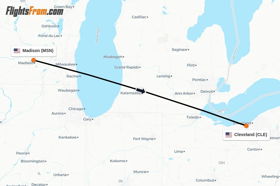 Flights from Madison to Cleveland route map