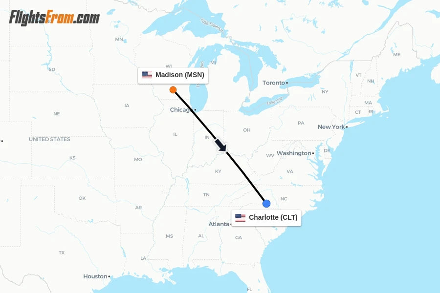 Flights from Madison to Charlotte route map