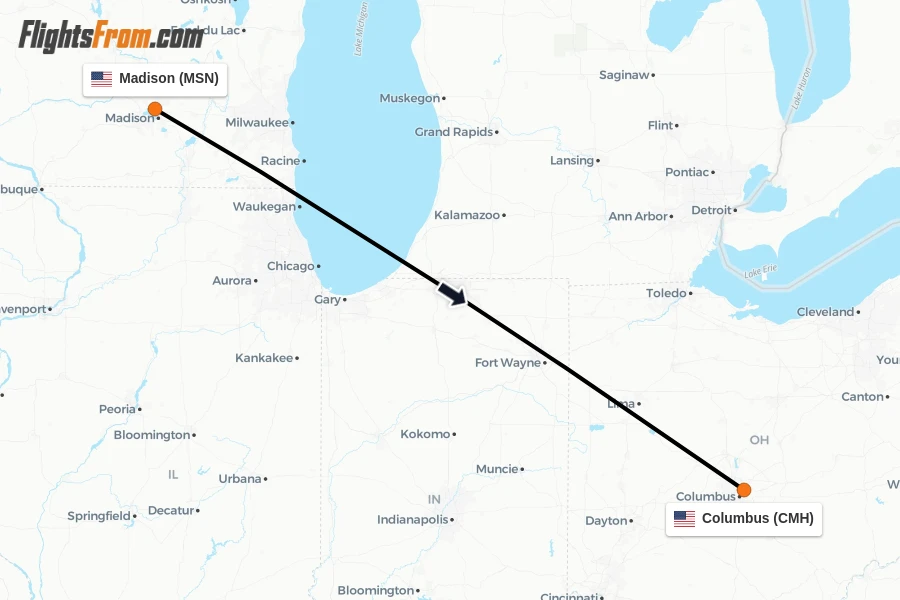 Flights from Madison to Columbus route map