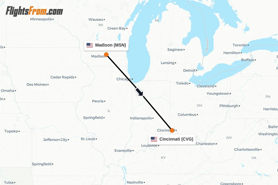 Flights from Madison to Cincinnati route map