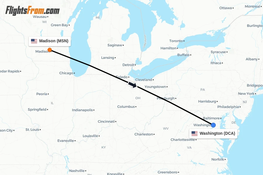 Flights from Madison to Washington route map