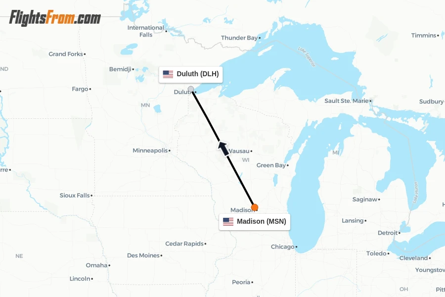 Flights from Madison to Duluth route map