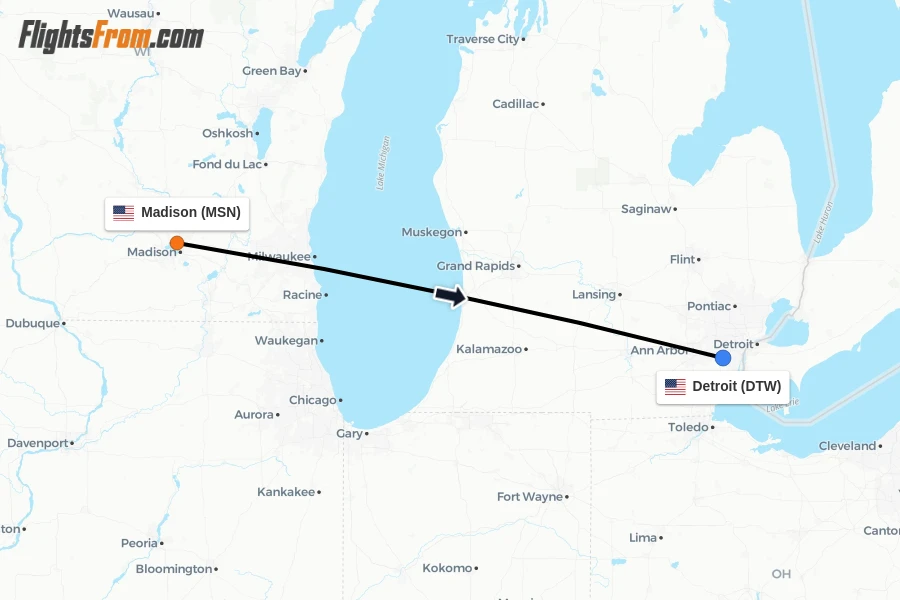 Flights from Madison to Detroit route map