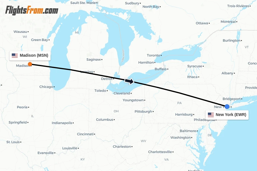 Flights from Madison to New York route map