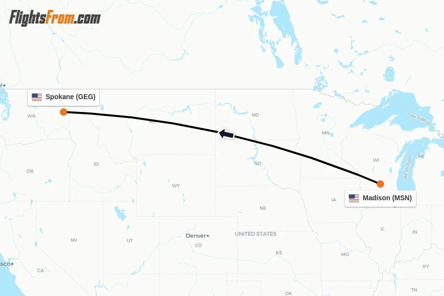 Flights from Madison to Spokane route map