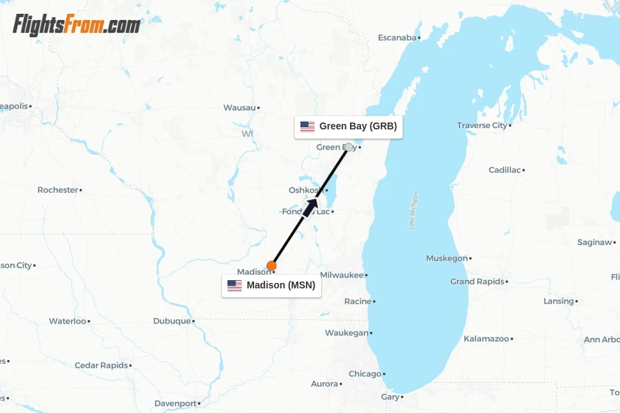 Flights from Madison to Green Bay route map