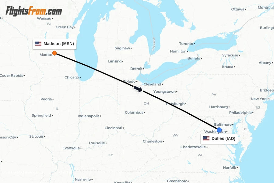 Flights from Madison to Dulles route map