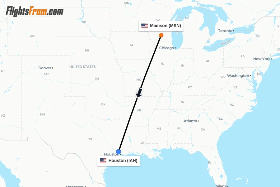 Flights from Madison to Houston route map