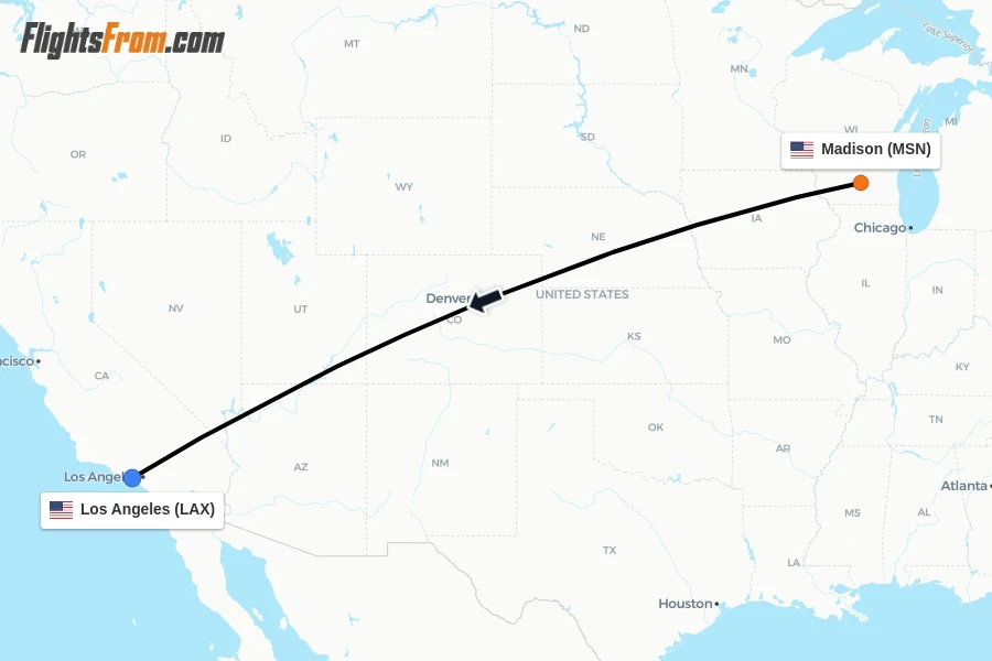 Flights from Madison to Los Angeles route map