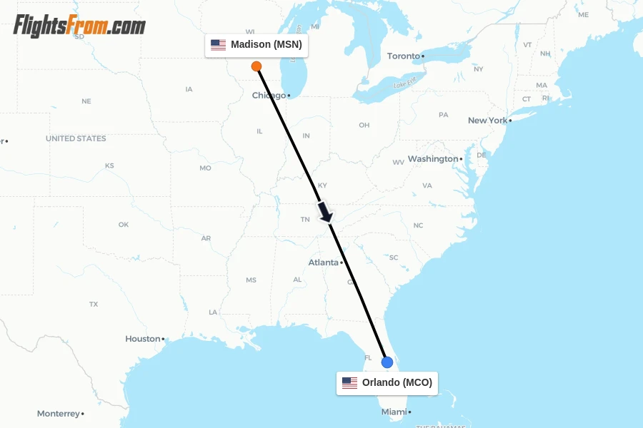 Flights from Madison to Orlando route map