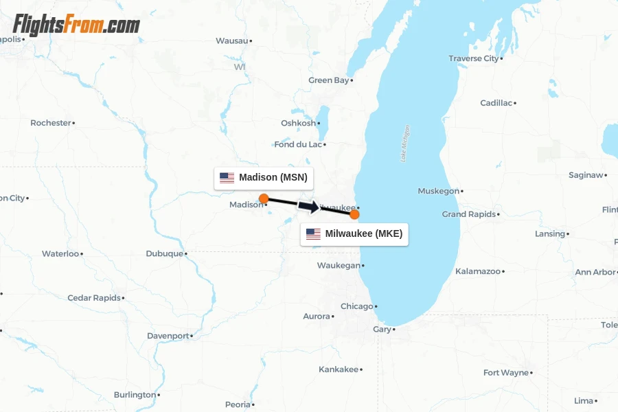 Flights from Madison to Milwaukee route map