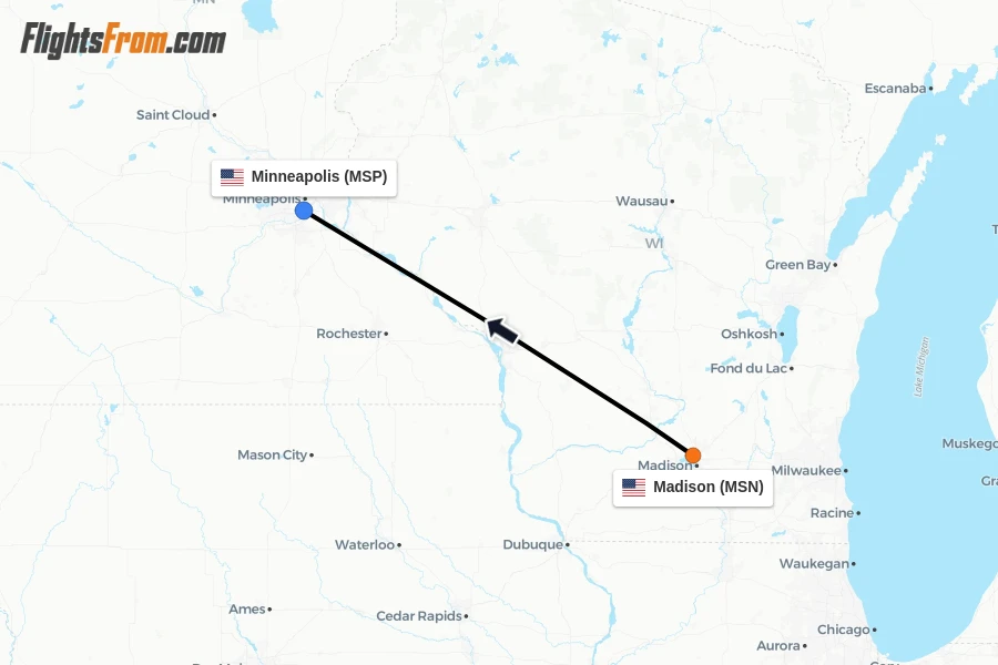 Flights from Madison to Minneapolis route map