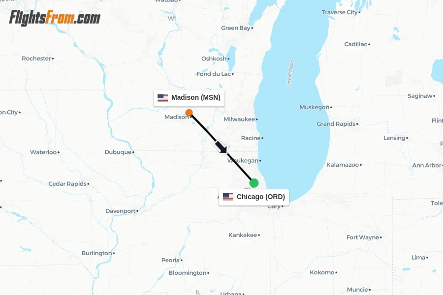 Flights from Madison to Chicago route map
