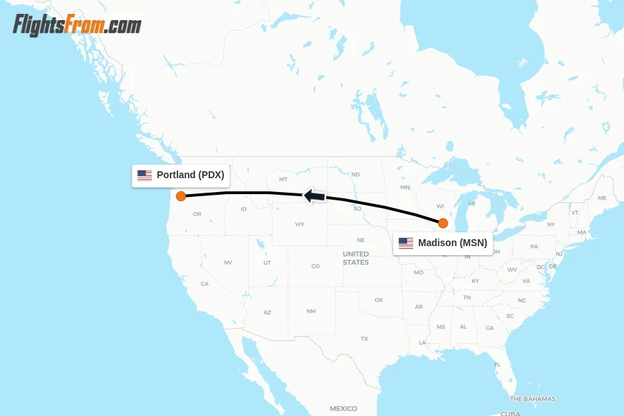 Flights from Madison to Portland route map