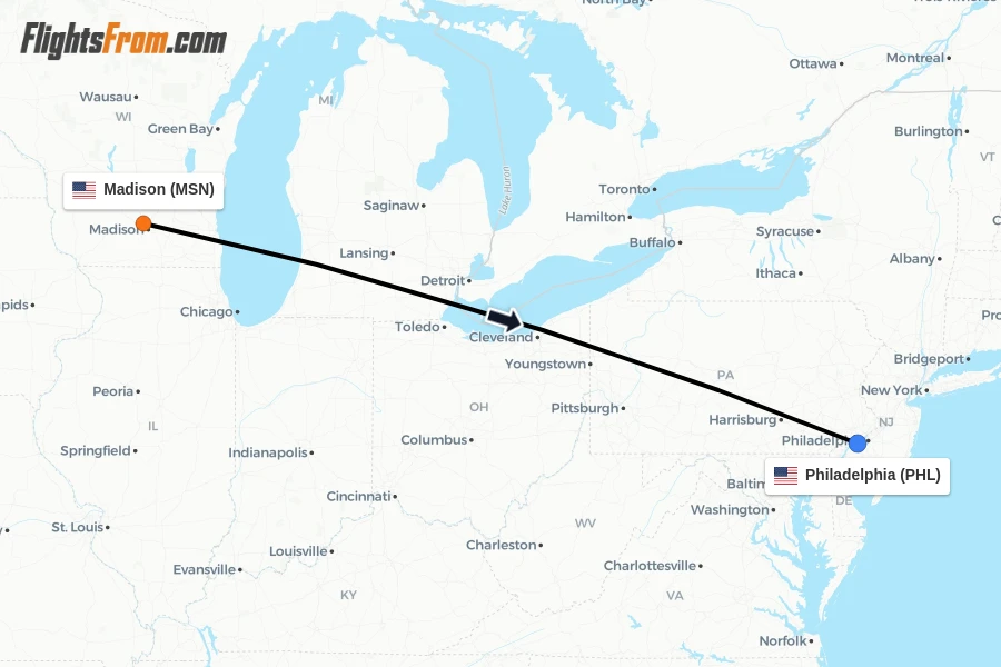 Flights from Madison to Philadelphia route map