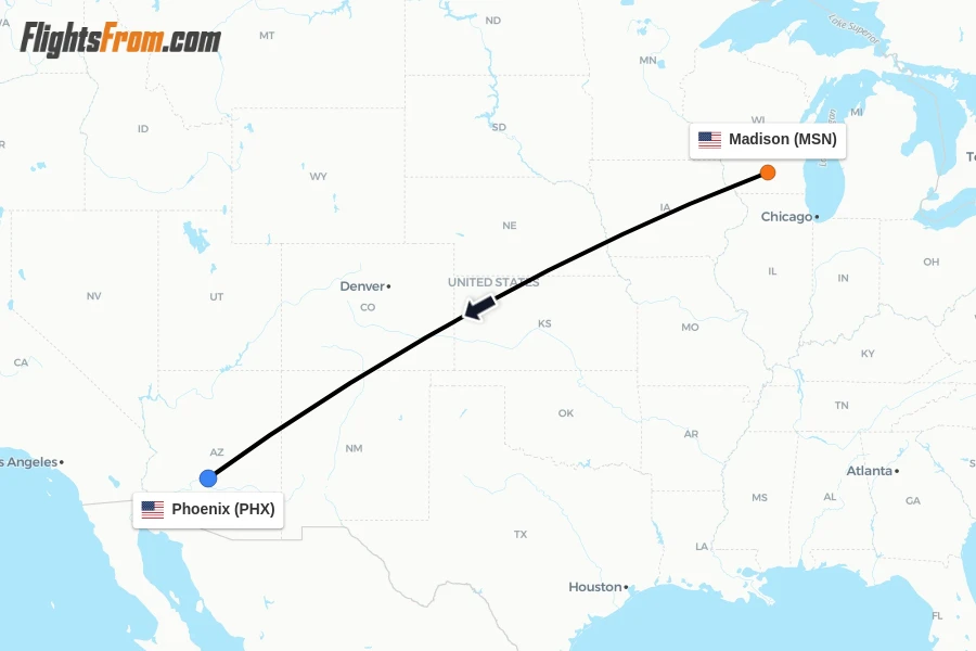 Flights from Madison to Phoenix route map