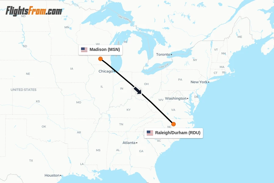 Flights from Madison to Raleigh/Durham route map