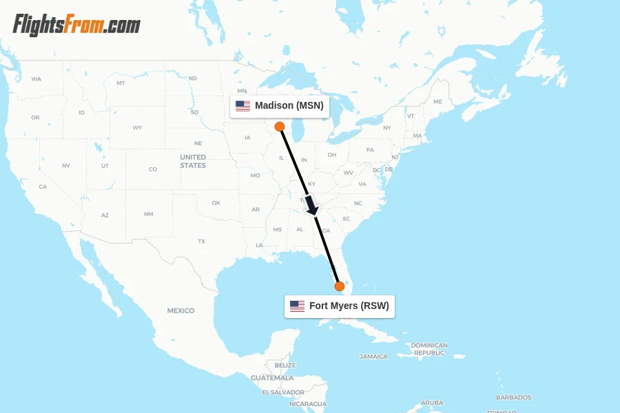 Flights from Madison to Fort Myers route map