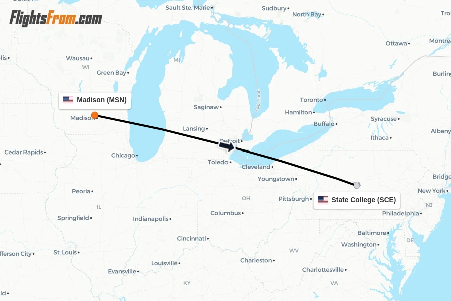 Flights from Madison to State College route map