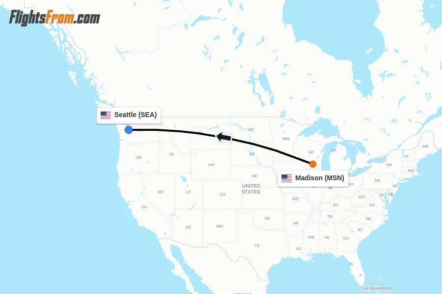 Flights from Madison to Seattle route map