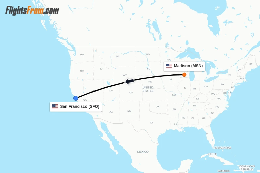 Flights from Madison to San Francisco route map