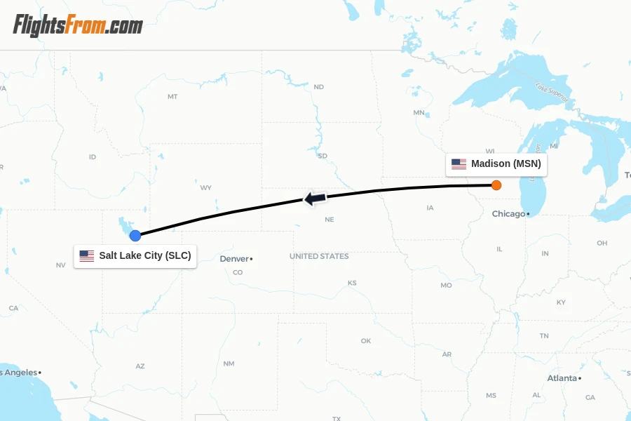 Flights from Madison to Salt Lake City route map