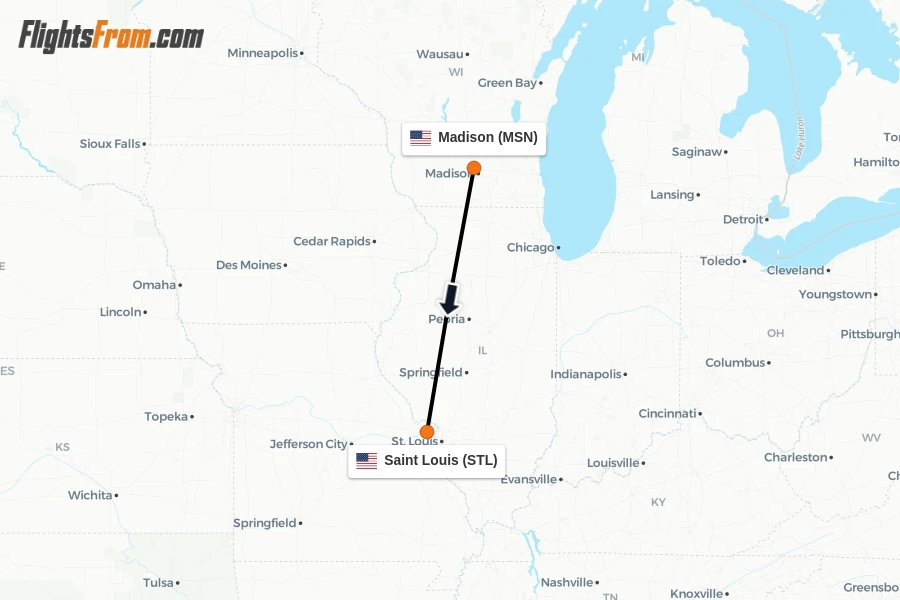 Flights from Madison to Saint Louis route map
