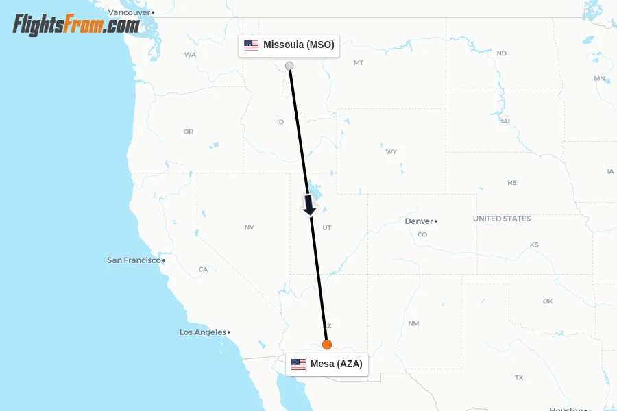 Flights from Missoula to Mesa route map