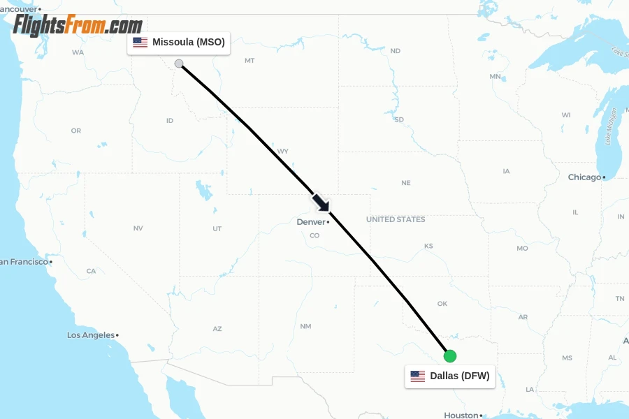 Flights from Missoula to Dallas route map