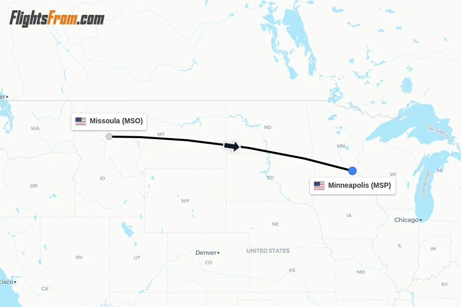 Flights from Missoula to Minneapolis route map
