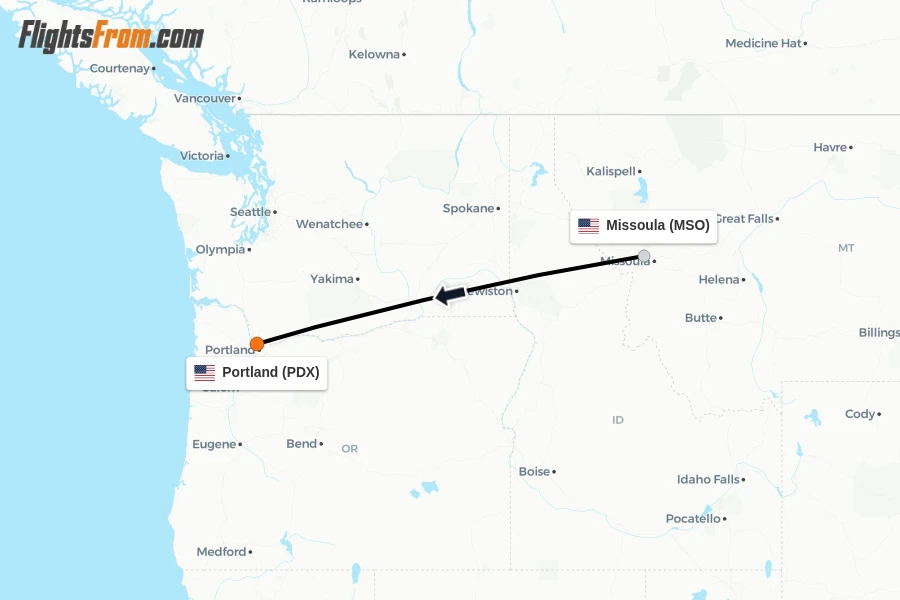 Flights from Missoula to Portland route map