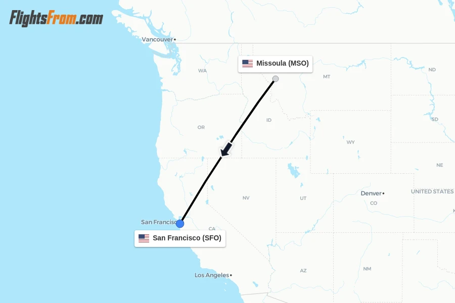Flights from Missoula to San Francisco route map